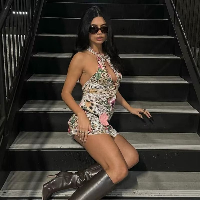 Lillian Hollow Out Halter Print Mini Dress
