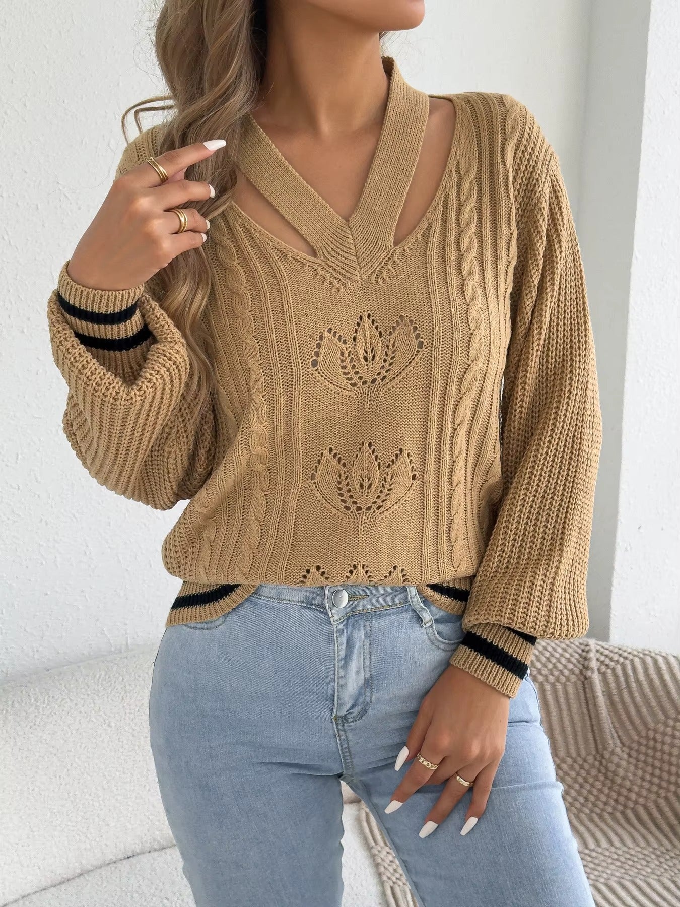 Women’s V-Neck Floral Hollow Out Striped Sweater