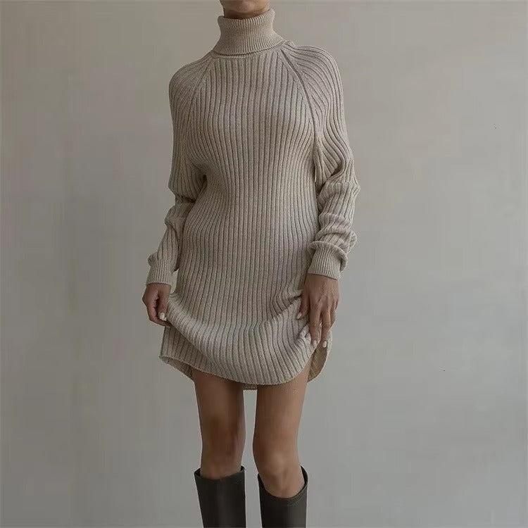 Women's High Collar Long Sleeve Thickened Knit Sweater Dress