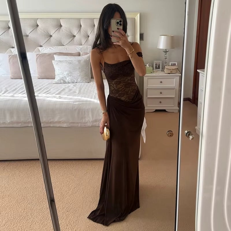 Joanna One Shoulder Lace See Through Sexy Maxi Dress