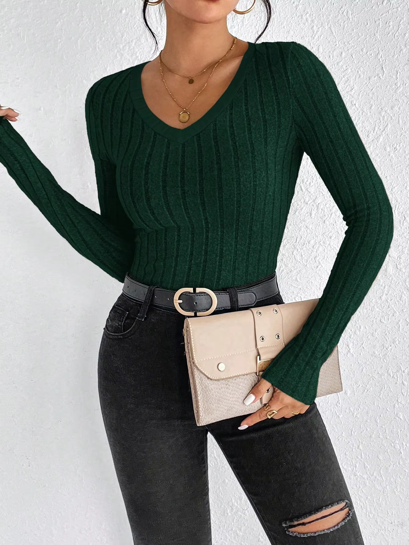 Slim Fit V-Neck Long Sleeve Knitted Jumper for Women
