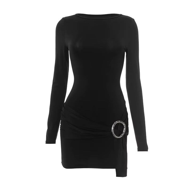 Beverly Metal Ring Long Sleeve Ruched Sexy Mini Dress