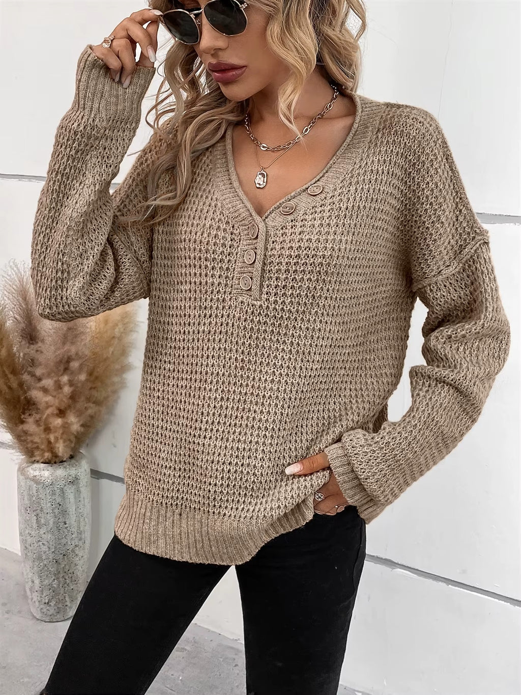 Women's Knitted Long Sleeve V-Neck Button Sweater