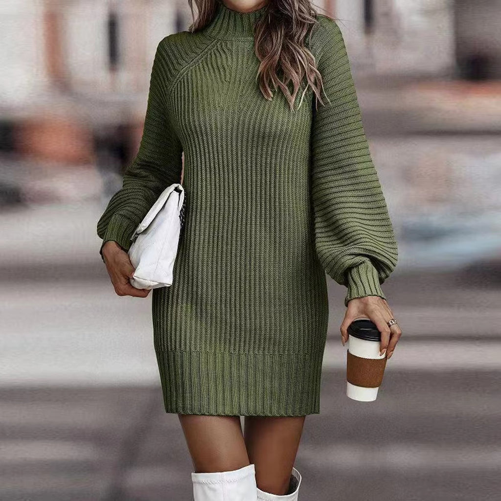 Women's Solid Color Turtleneck Knit Sweater Dress