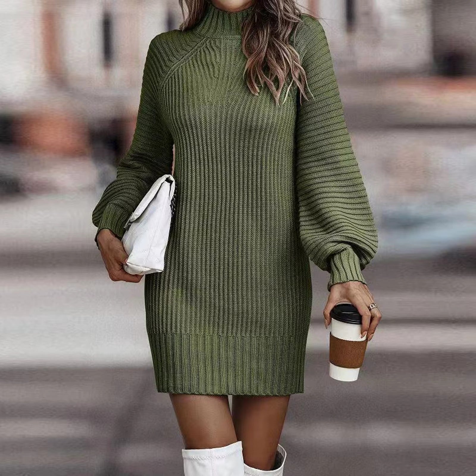 Women's Solid Color Turtleneck Knit Sweater Dress
