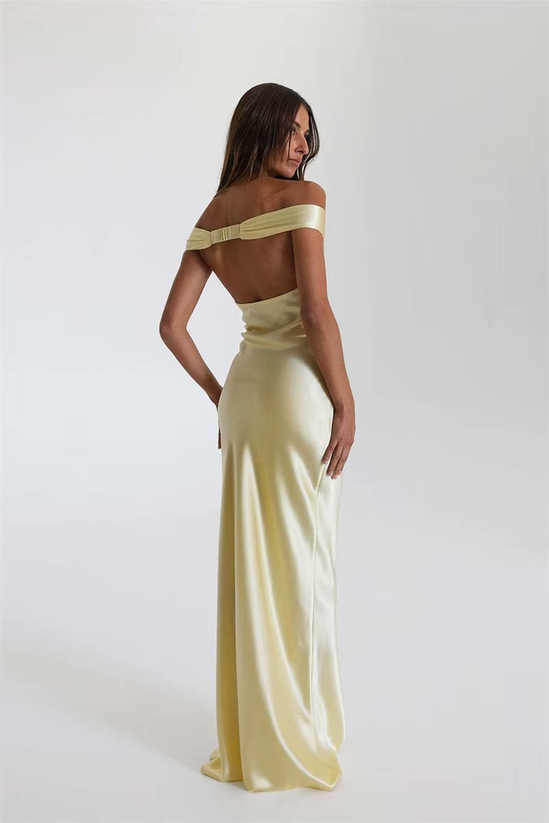 Satin Off-shoulder Backless Sexy Maxi Dress