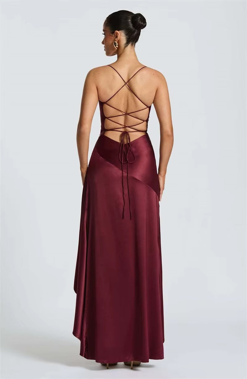 Satin Spaghetti Strap Ruffle Sexy Maxi Dress