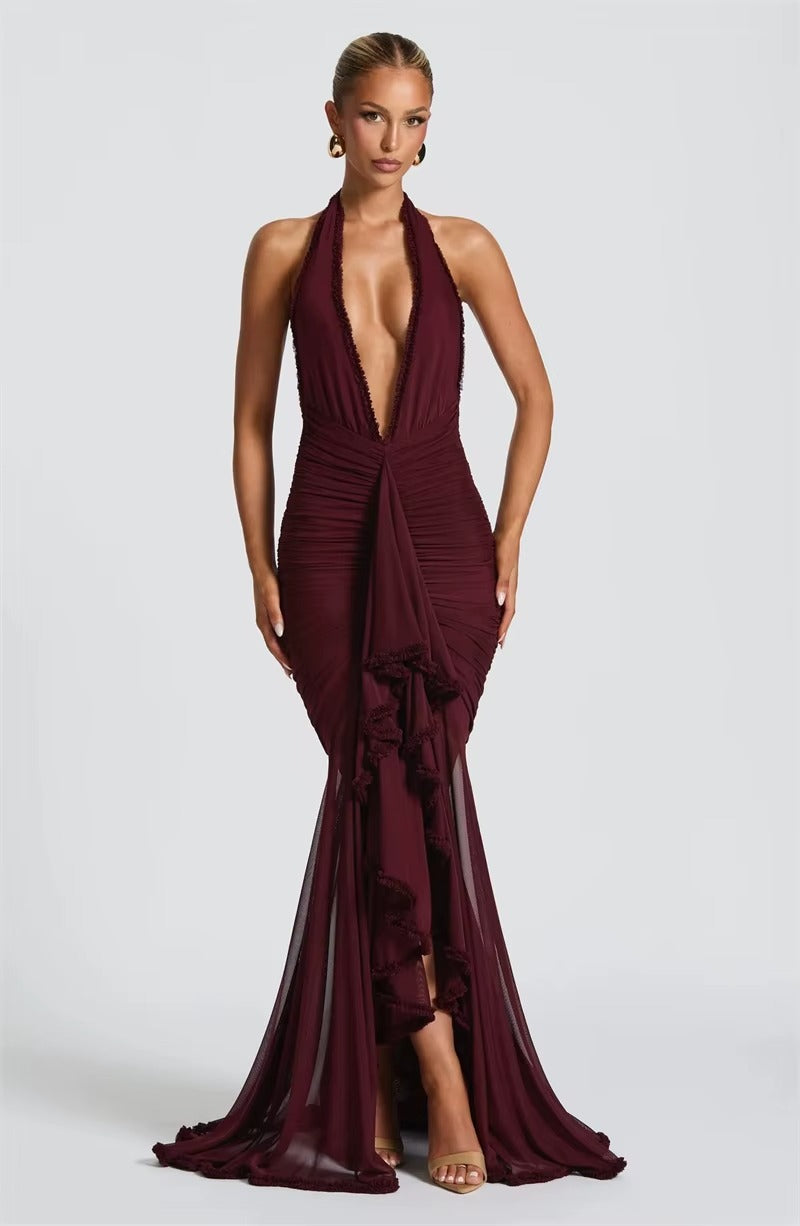 Becky Halter Deep V Neck Sexy Maxi Dress