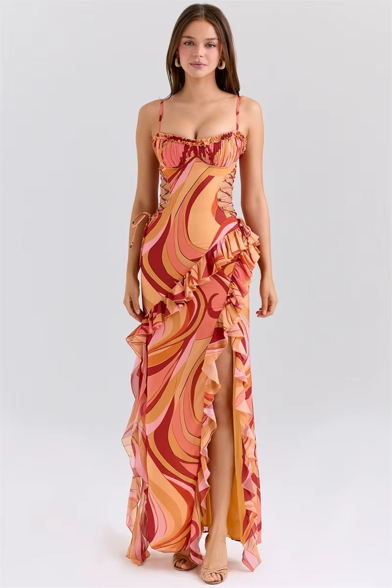 Print Ruffle Cut Out Sexy Maxi Dress