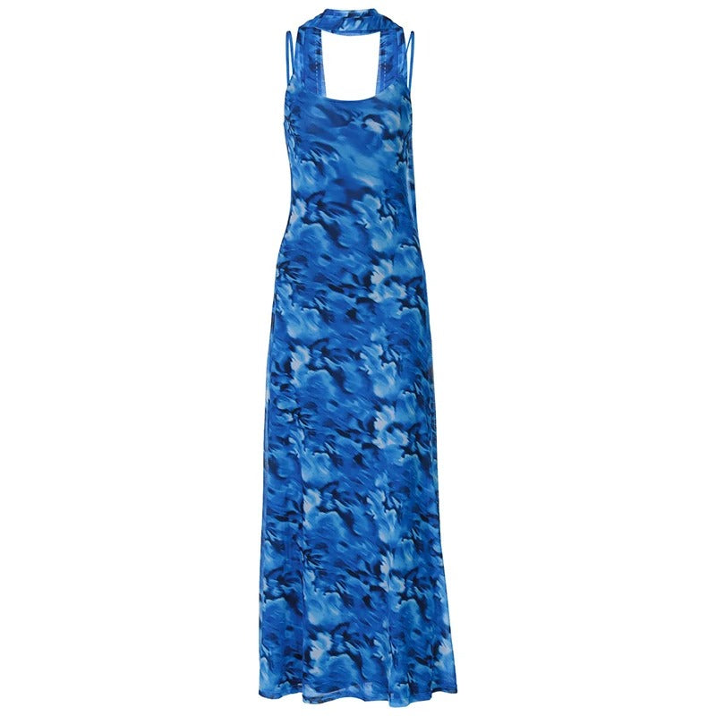 Maureen Halter Backless Print Sexy Maxi Dress