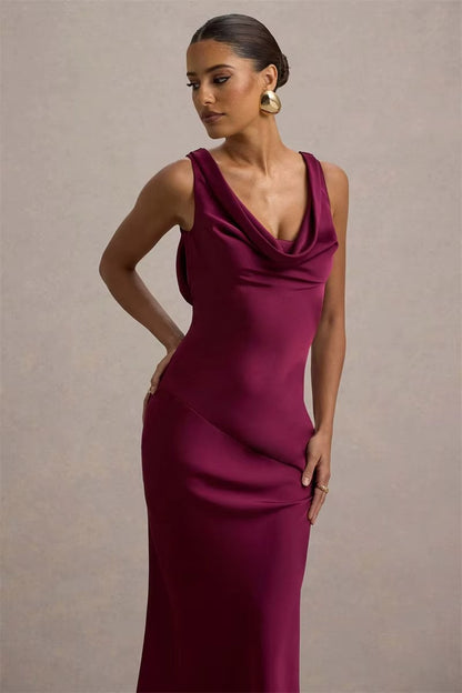 Satin Cowl Neck Backless Sexy Maxi Dress