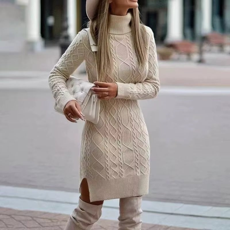 Knitted High Neck  Long Sleeves Sweater Dress for Women