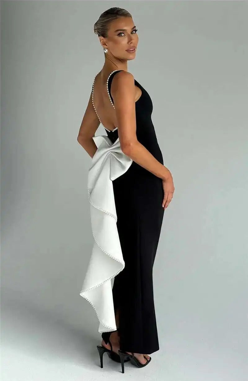Lorraine Pearl Bow Backless Sexy Maxi Dress