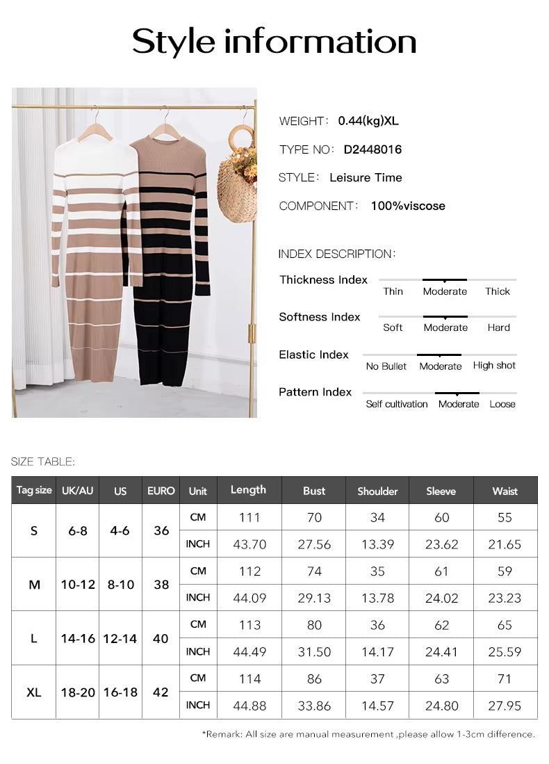 Slim Striped Print Long-Sleeve Office Ladies Knitted Dress