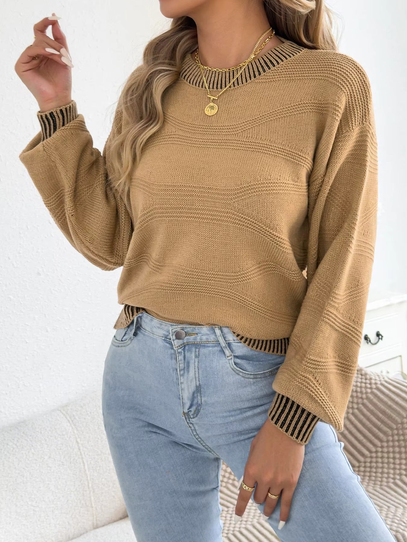 Autumn Winter Casual Striped Round-Neck Sweater for Women