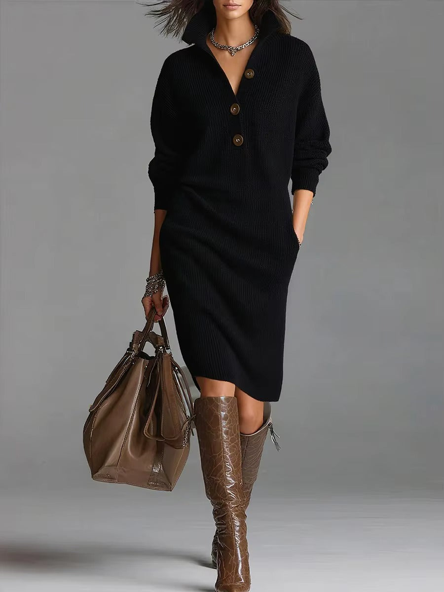 Women's Casual Button-Down Lapel Long Sleeve Knit Sweater Dress