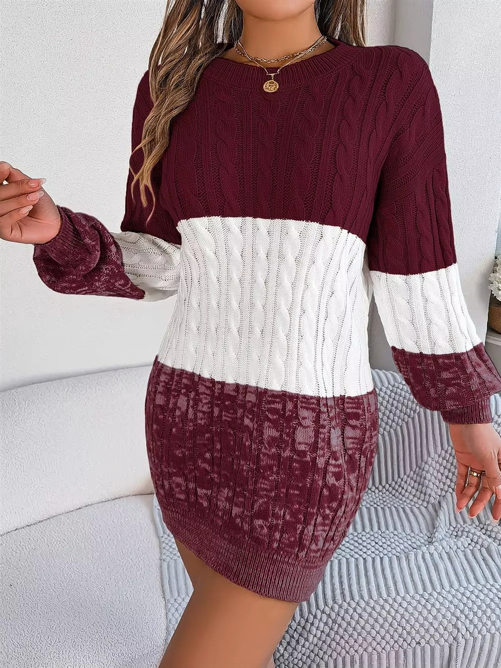 Woman Lantern Sleeve Casual Color Block Sweater Dress