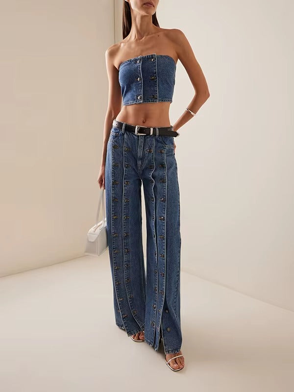Women’s Stylish Wide Leg Button Jeans