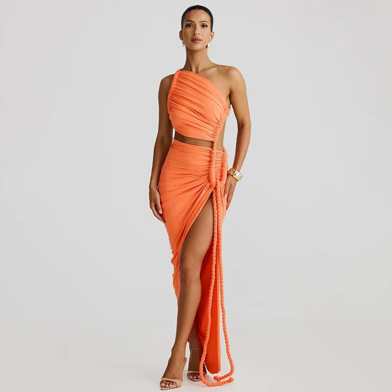 Jennifer  Off-shoulder Thigh High Split Sexy Maxi Dress