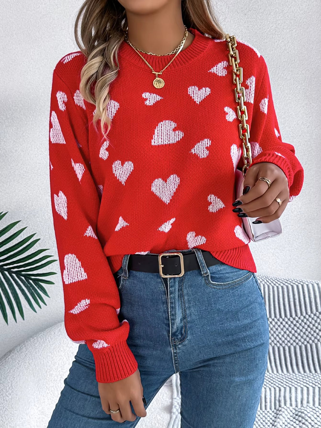Women’s Heart Print Contrast Color Pullover Sweater