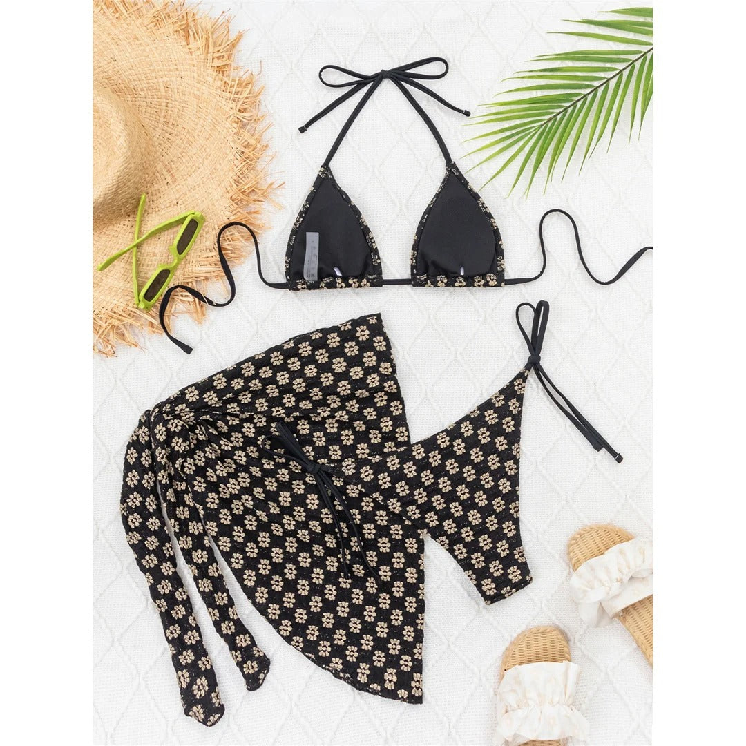 Nancy With Sarong Printed Halter Strappy Bikini