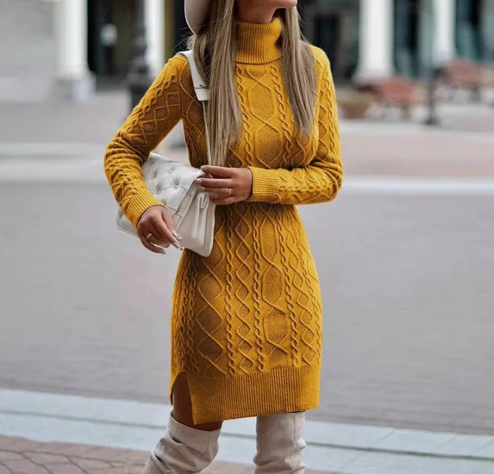 Women's Turtleneck Long Sleeve Cable Knit Sweater Dress
