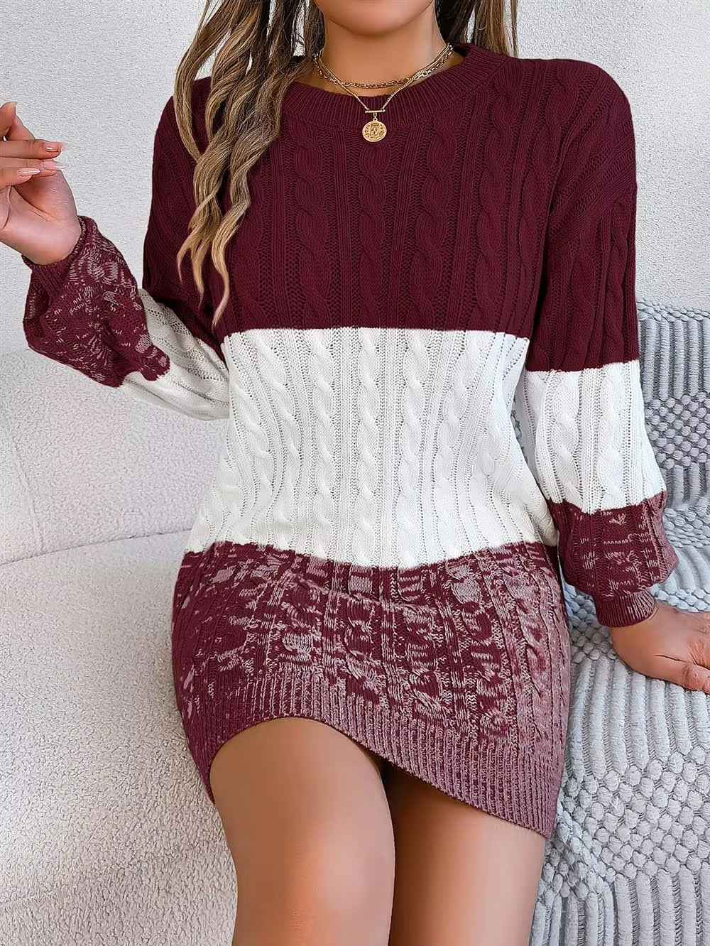 Woman Lantern Sleeve Casual Color Block Sweater Dress