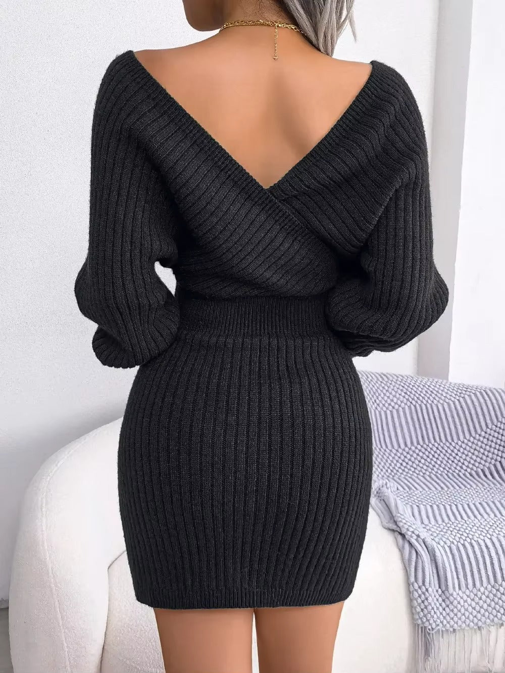 Women's Casual Sexy Cross V Neck Batwing Sleeve Solid ColorDress