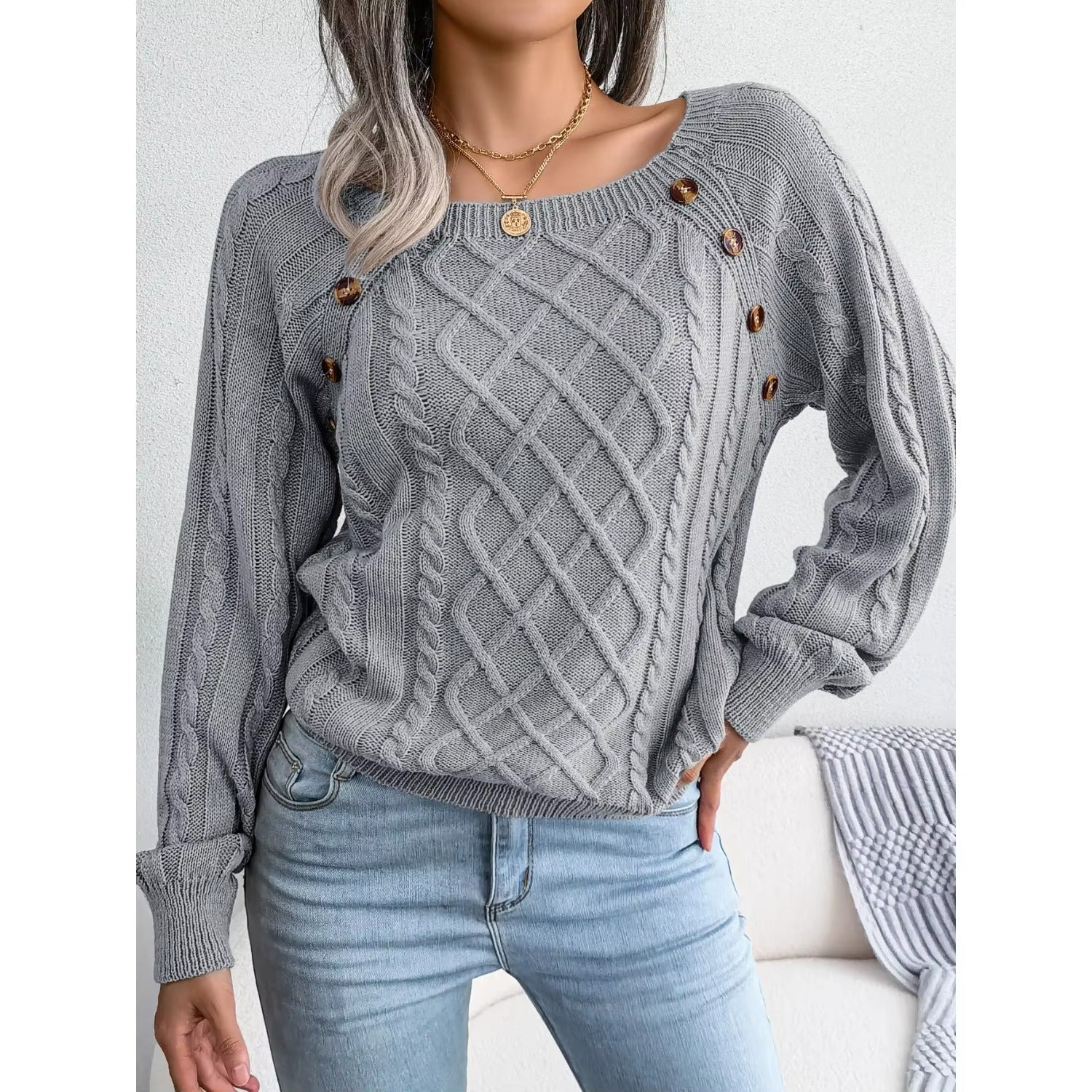 Women's Square Collar Button-Detail Knitted Pullover