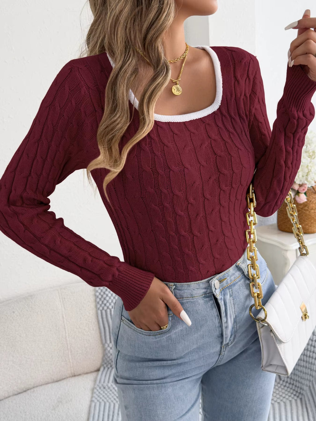 Women's Square Neck Twist Striped Long Sleeve Knit Sweater