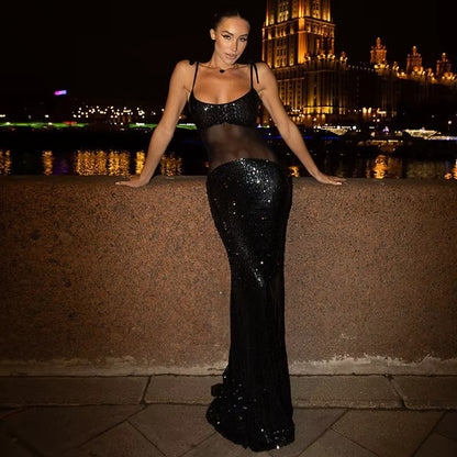 Yvonne Sheer Mesh Spaghetti Strap Sexy Maxi Dress