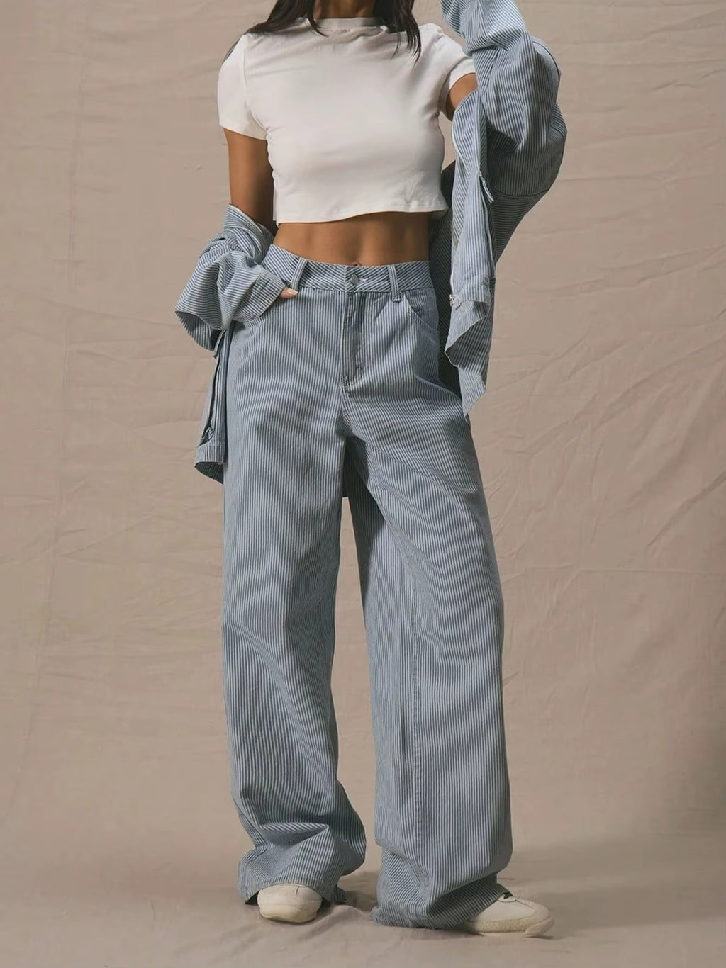 Casual & Versatile Wide Leg Blue and White Striped Jeans Outfit