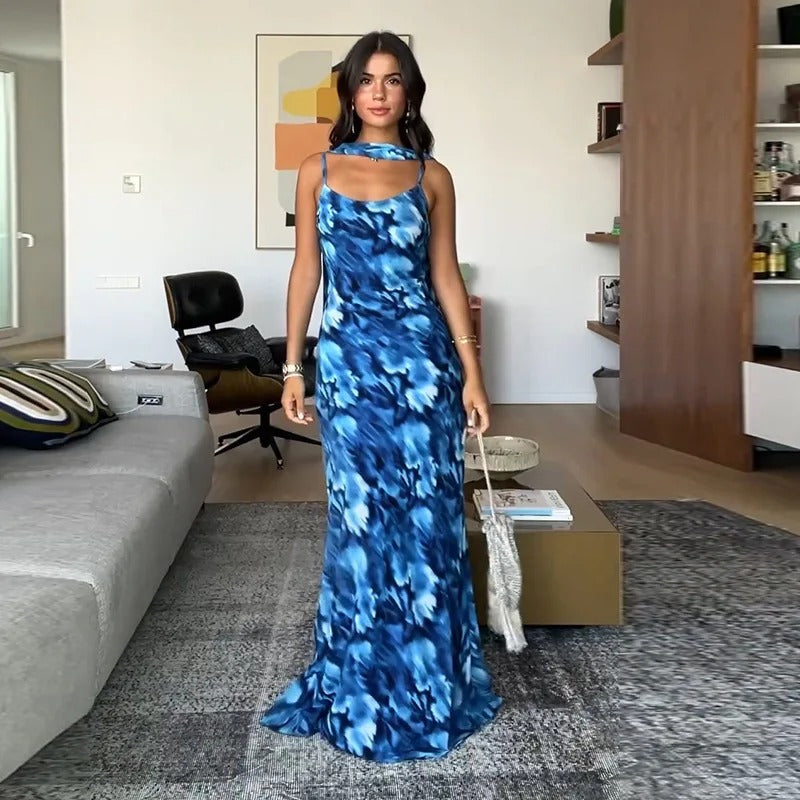 Maureen Halter Backless Print Sexy Maxi Dress