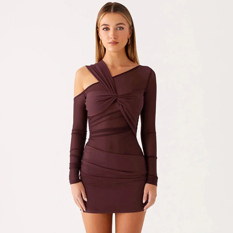 Inclined Shoulder Long Sleeve Sexy Mini Dress