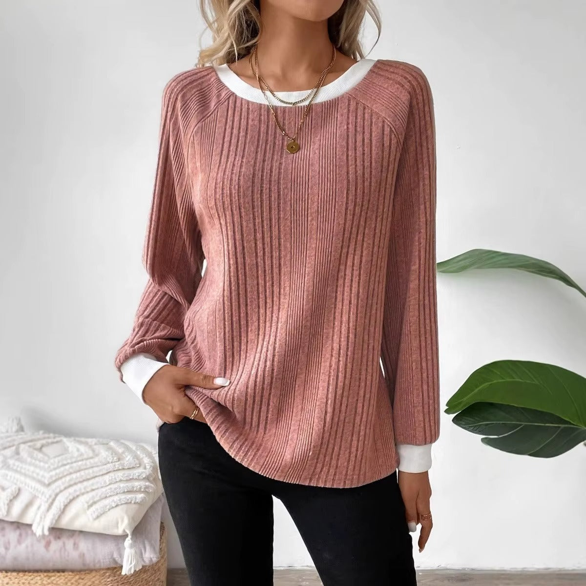 Women's Long Sleeve Knit Solid Color Ribbed Sweater