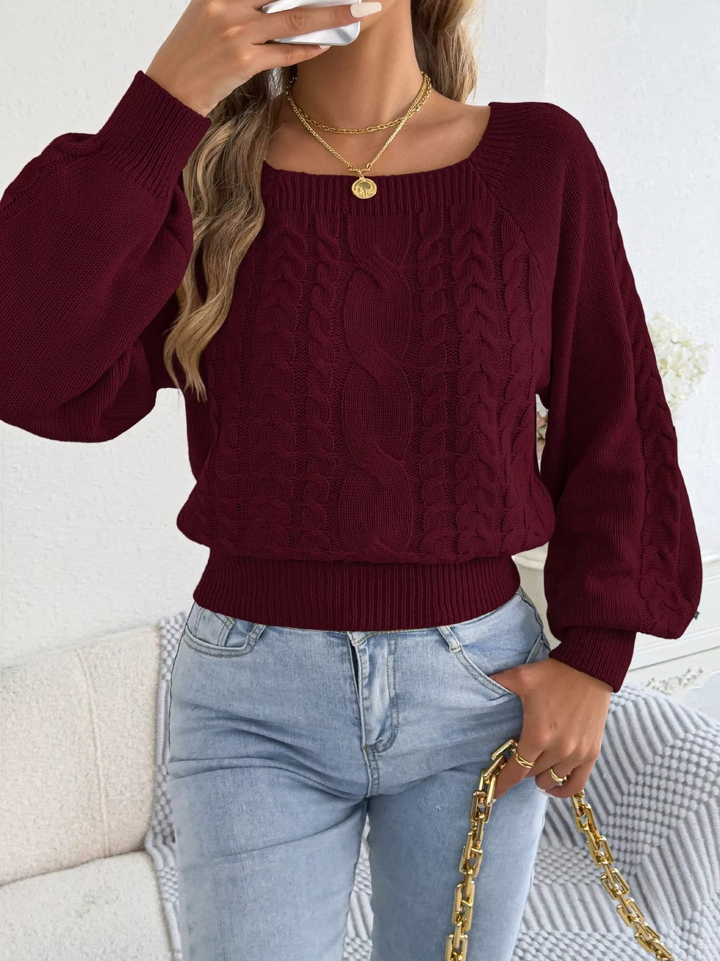 Woman Square Neck Lantern Sleeve Pullover