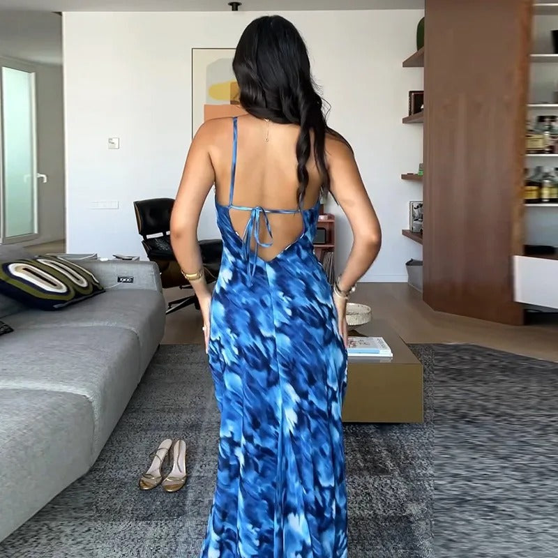 Maureen Halter Backless Print Sexy Maxi Dress