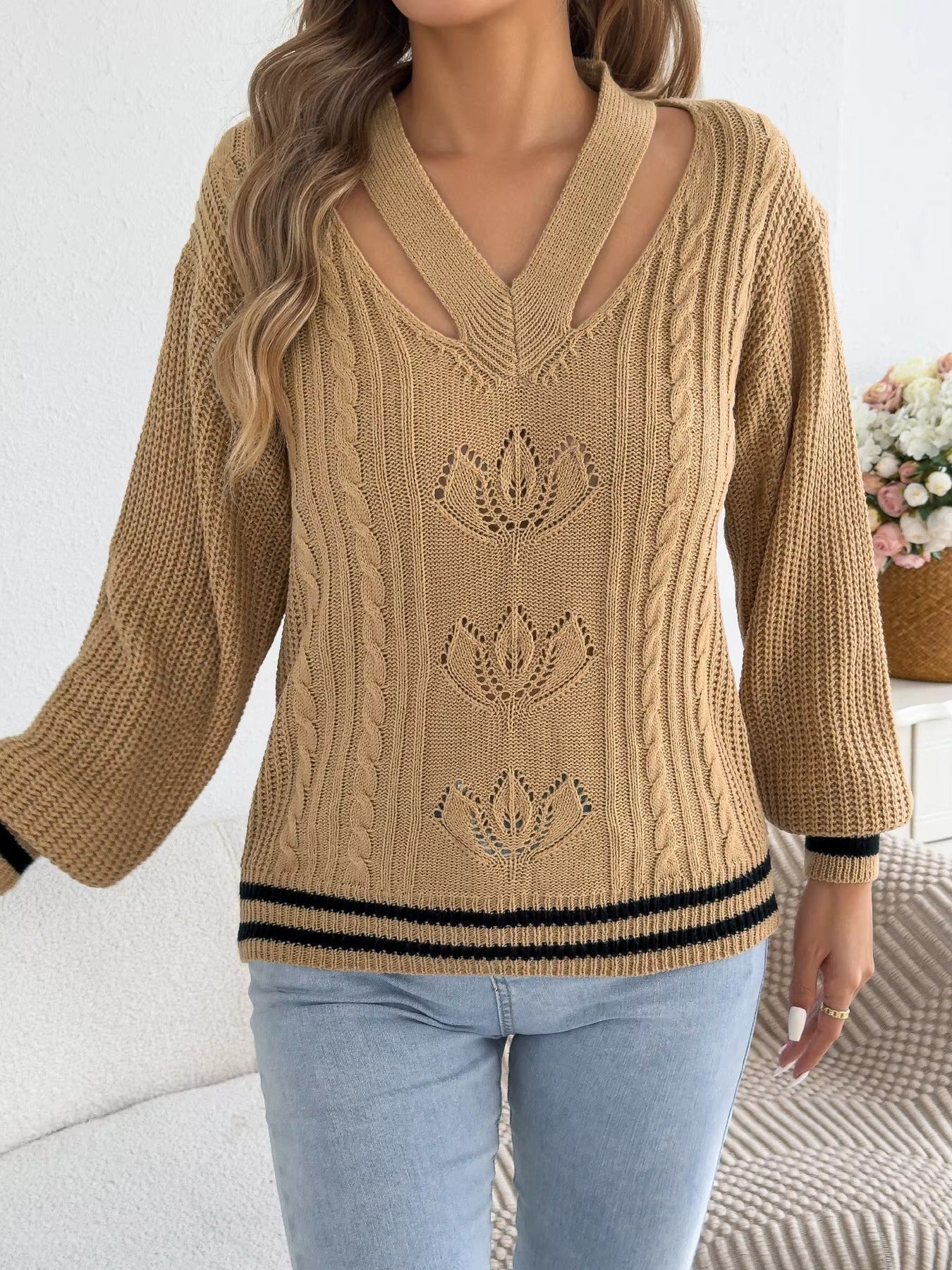 Women’s V-Neck Floral Hollow Out Striped Sweater