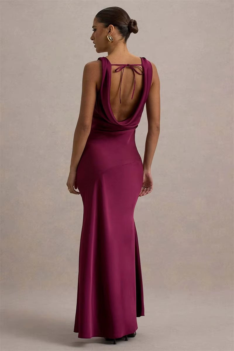 Bertha Satin Cowl Neck Backless Sexy Maxi Dress