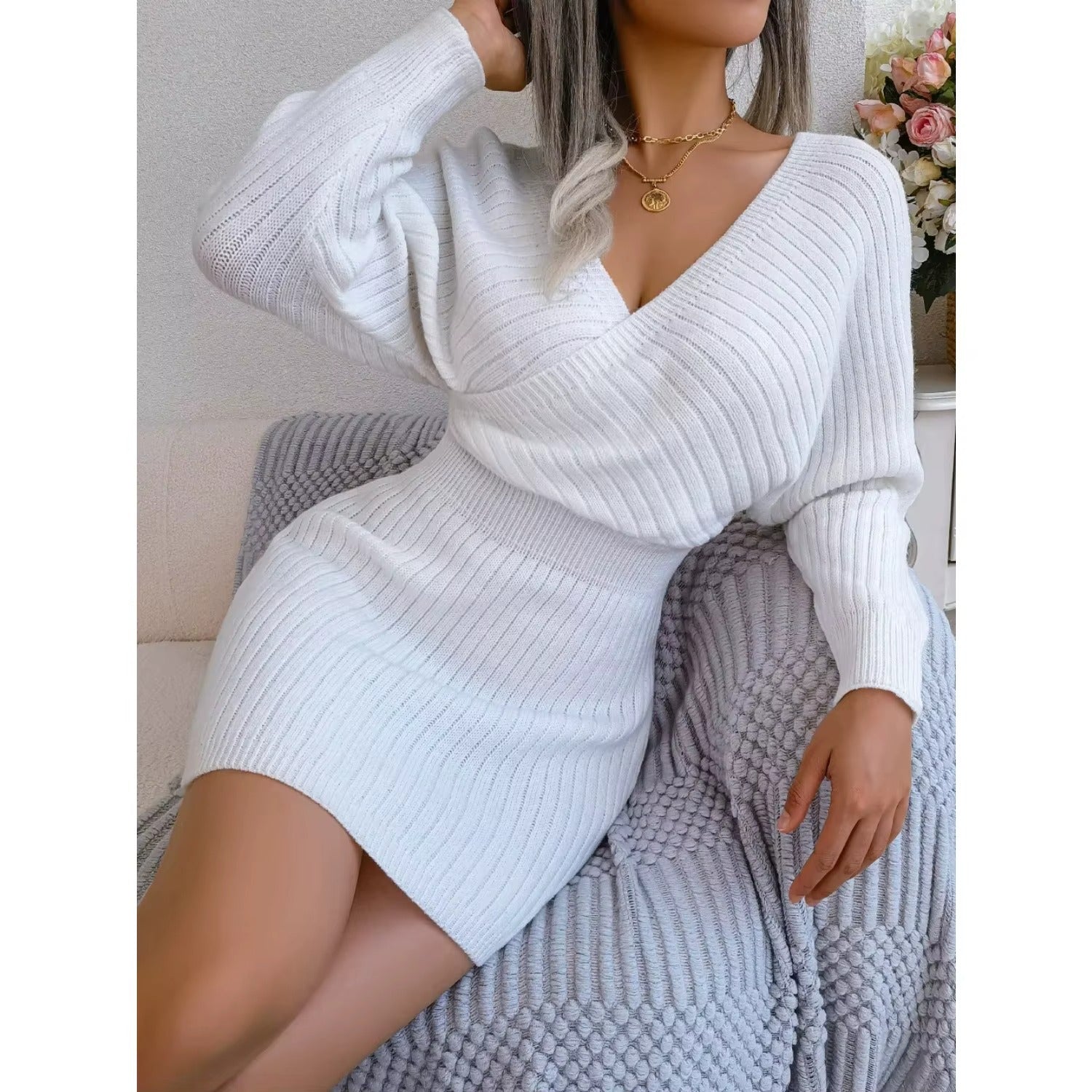 Women's Casual Sexy Cross V Neck Batwing Sleeve Solid ColorDress