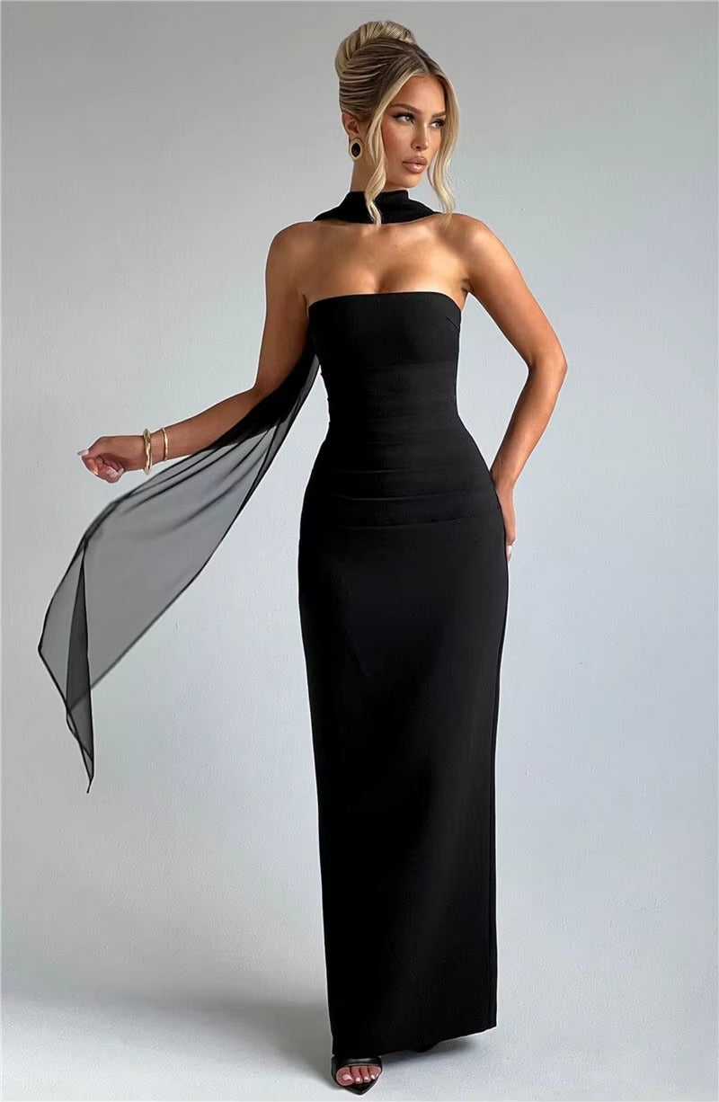 Alyssa Scarf Collar Strapless Sexy Maxi Dress
