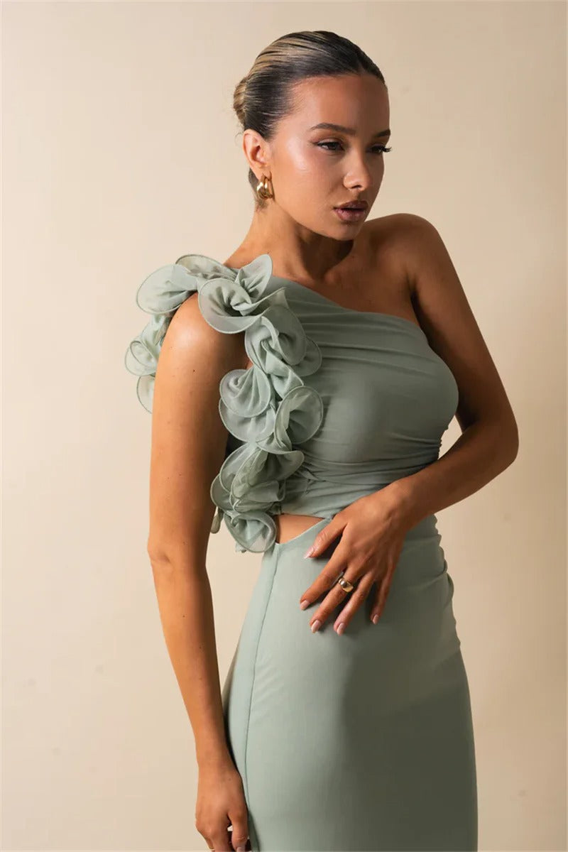 Mandy Shoulder Floral Mesh Ruched Sexy Maxi Dress