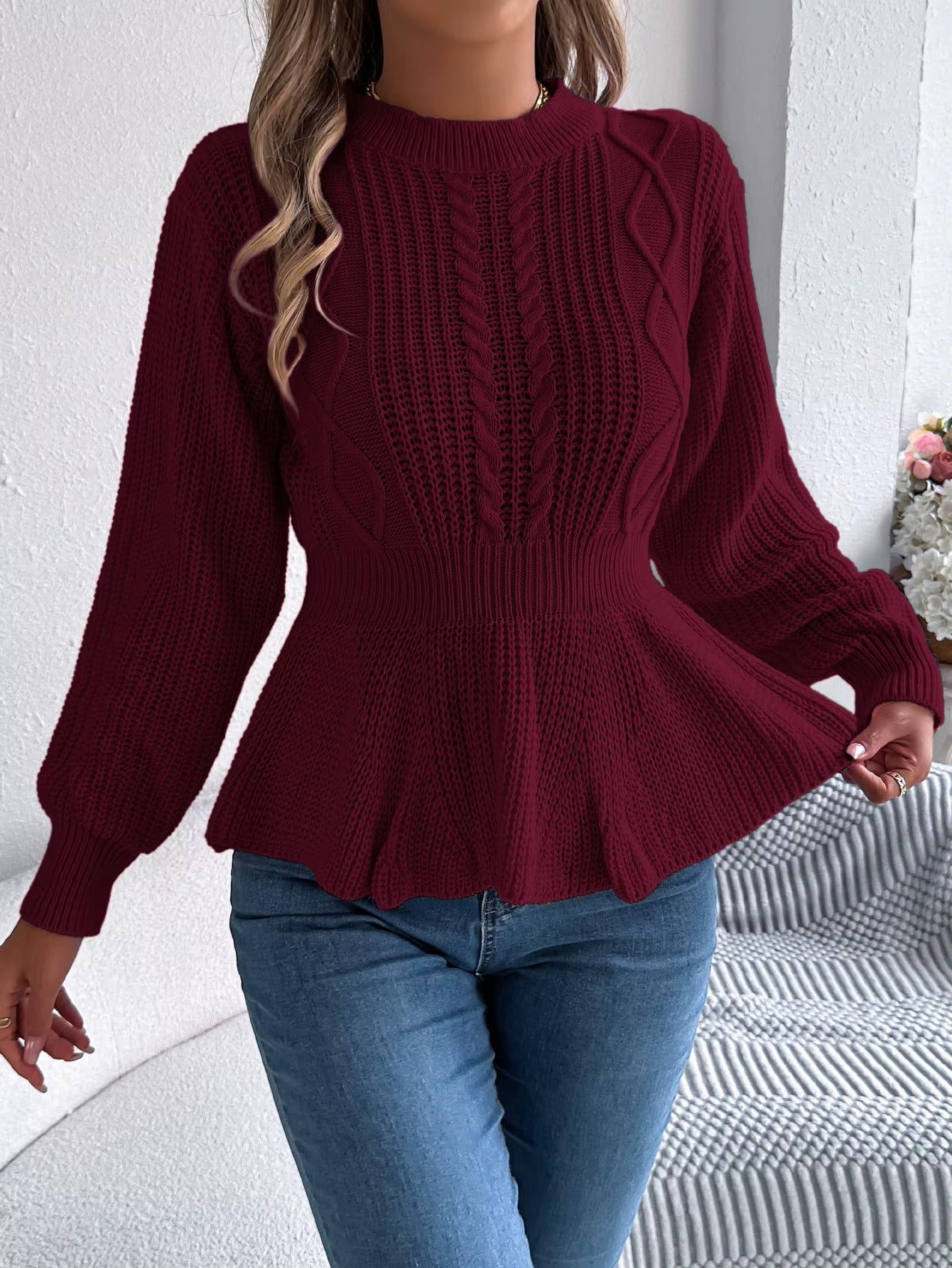 Women's Belted Waist & Flounce Hem Casual Long Sleeve Round Neck Sweater