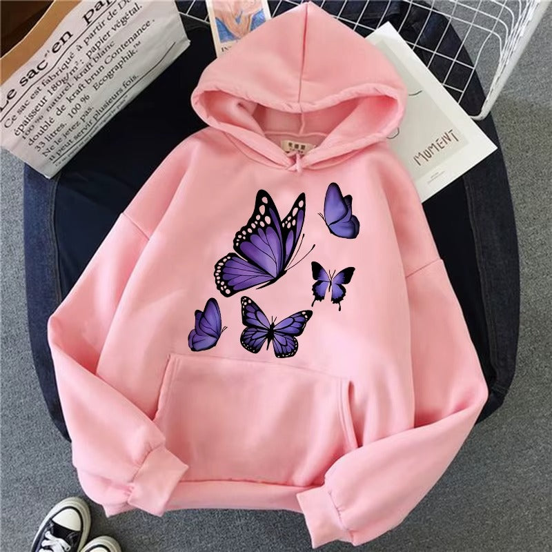 Dark Purple Butterfly Pattern Printed Hoodie