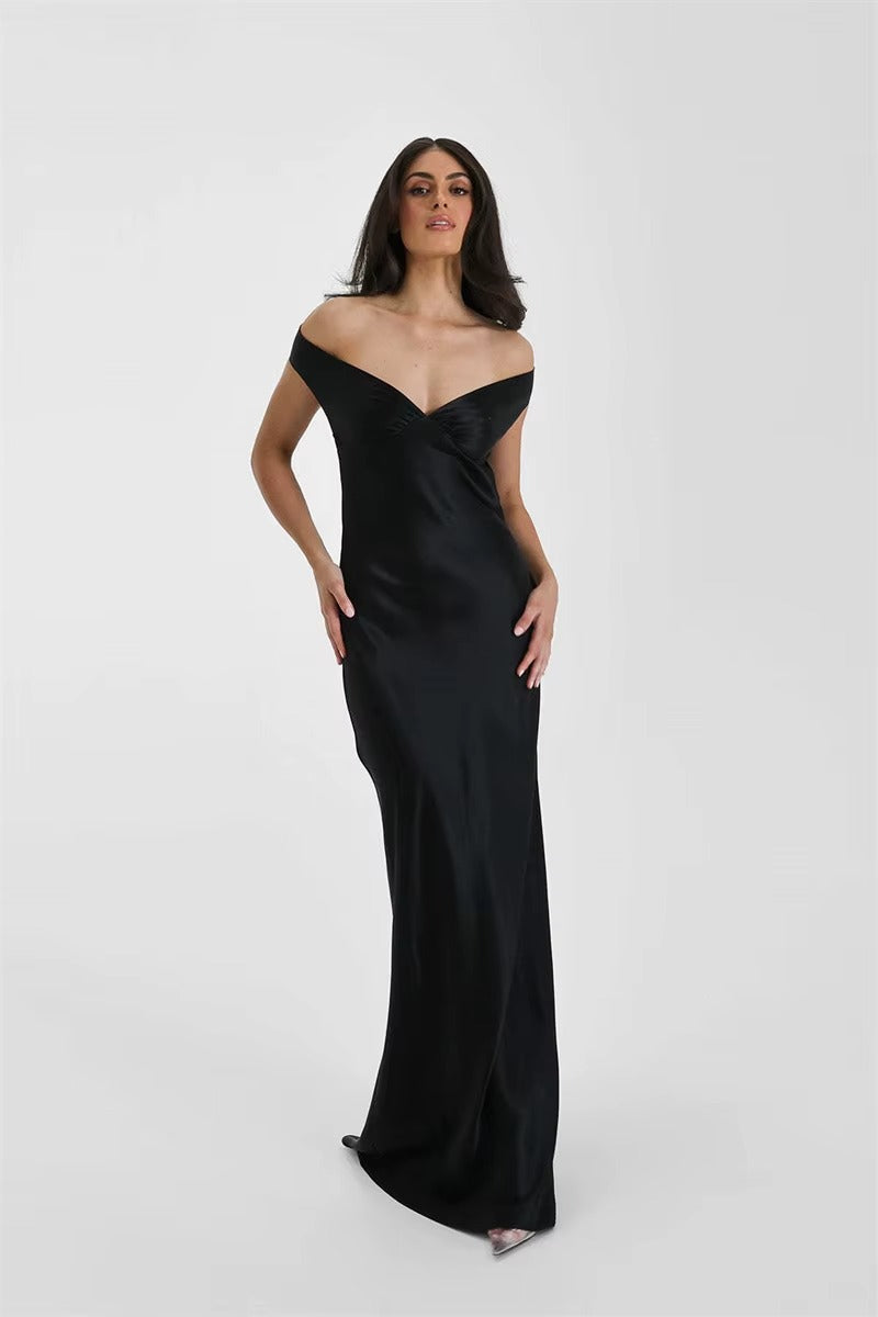 Satin Off-shoulder Backless Sexy Maxi Dress