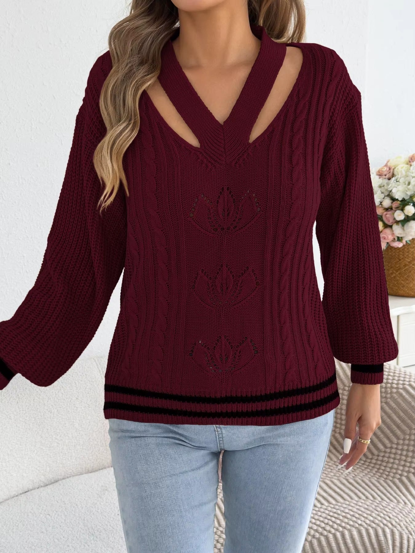 Women’s V-Neck Floral Hollow Out Striped Sweater