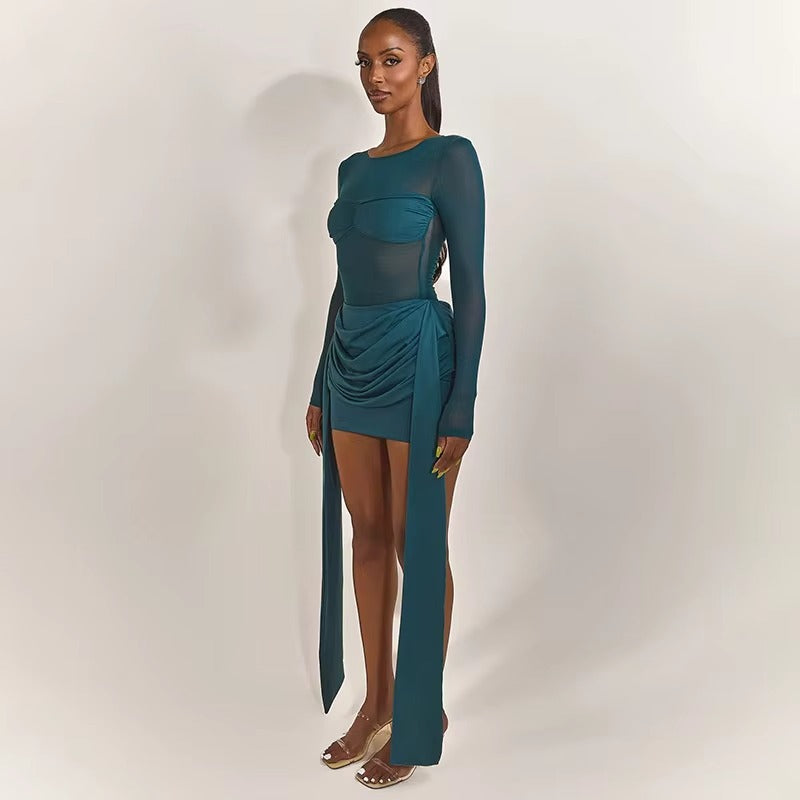 Mesh Patchwork Ruched Sexy Mini Dress