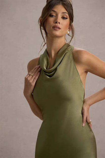 Satin Cowl Neck Sexy Maxi Dress