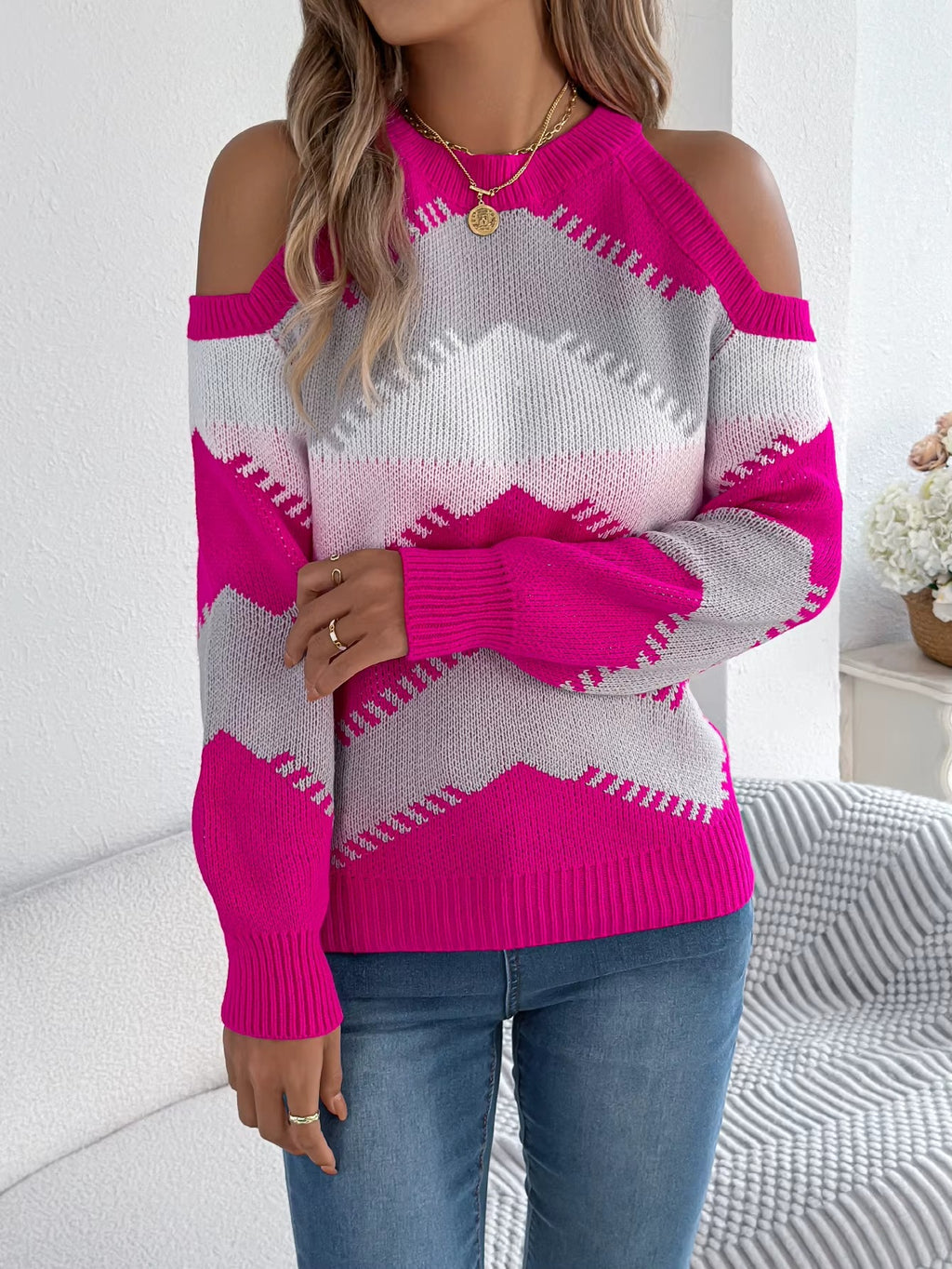 Women’s Contrast Color Striped Off-Shoulder Round Neck Sweater