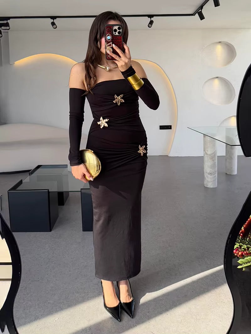 Joanv Metal Buckle Strapless Sexy Maxi Dress